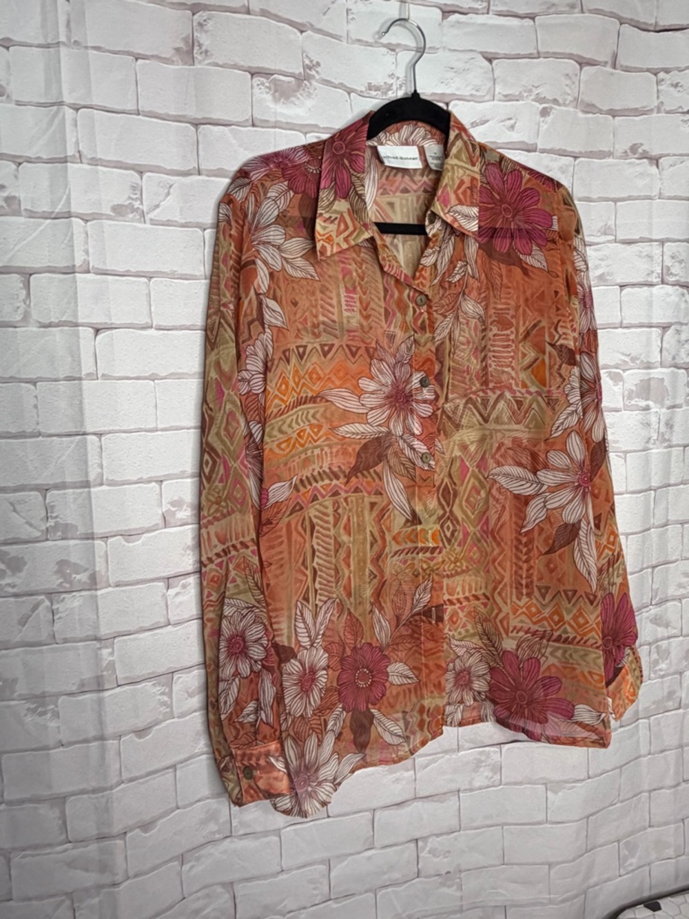 Alfred Dunner Sheer Floral Button Down Blouse Size 10 Boho Retro Orange Pink